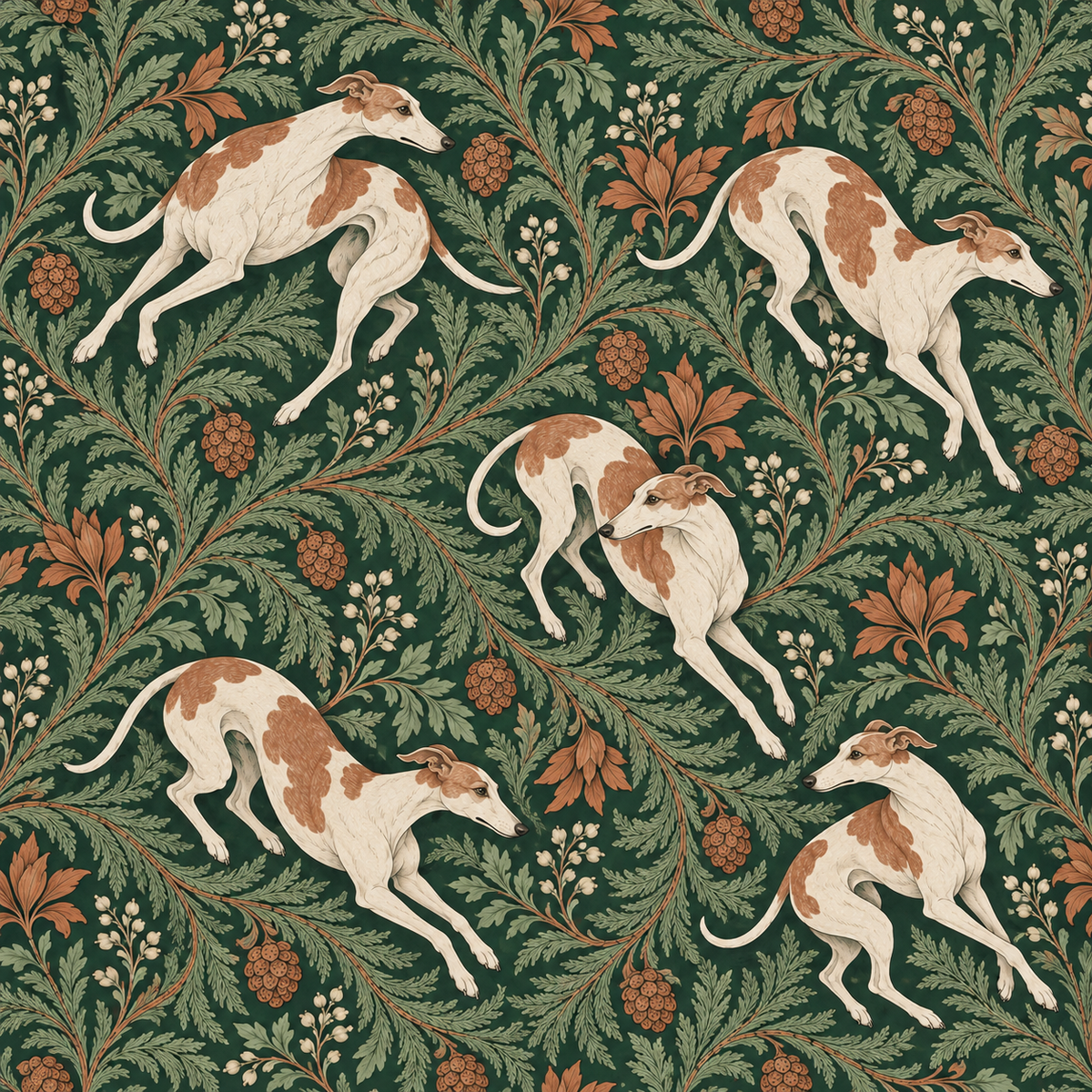 Green leafy and pinecone wallpaper with running hounds in a rustic living room