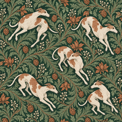 Green leafy and pinecone wallpaper with running hounds in a rustic living room