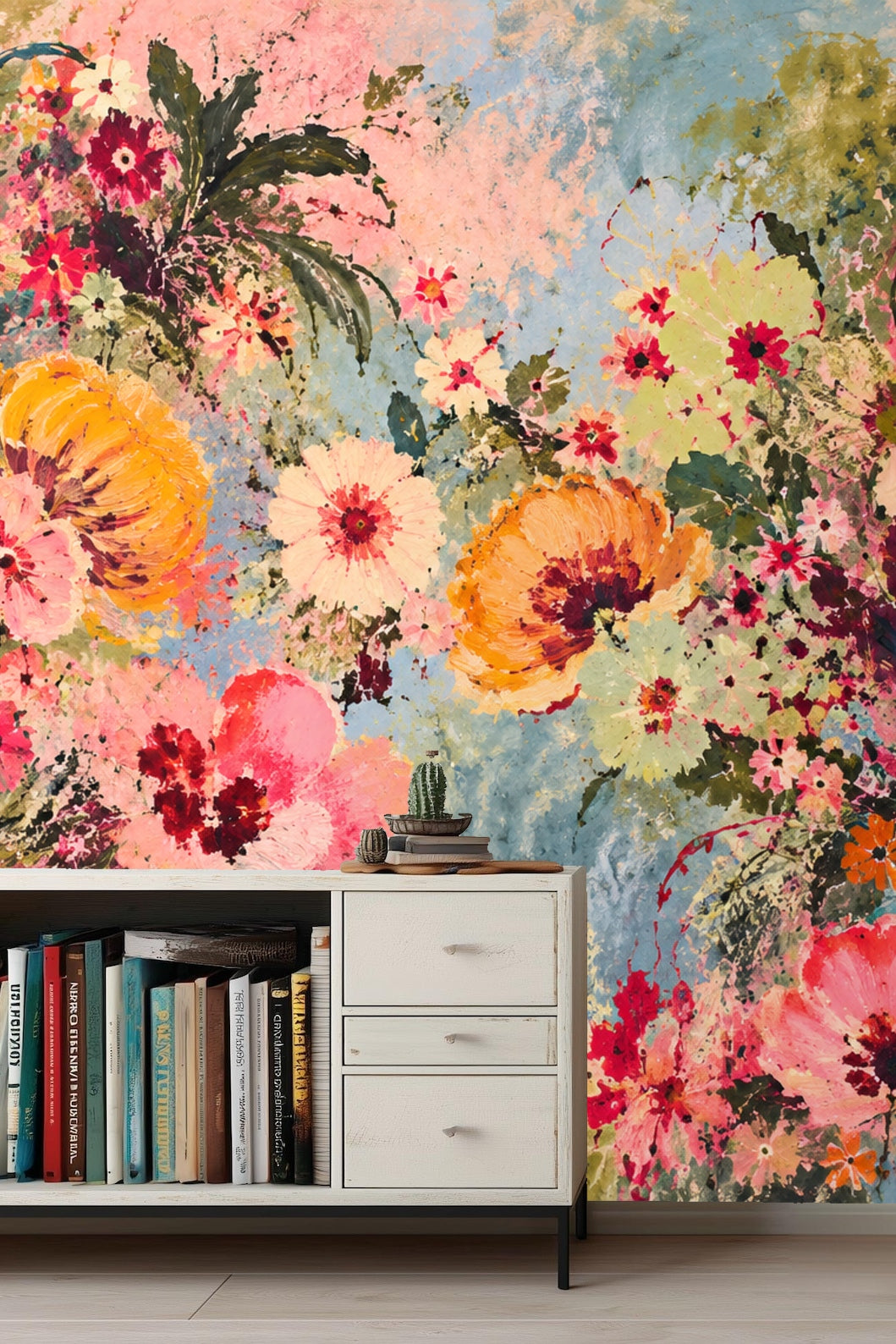 Living room with wildflower wallpaper featuring soft blue sky and foliage tones.