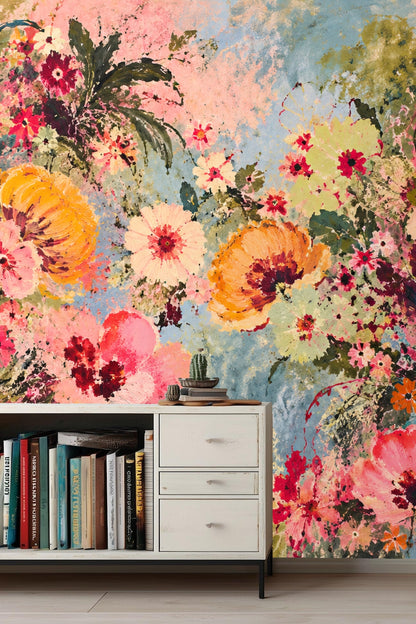 Living room with wildflower wallpaper featuring soft blue sky and foliage tones.