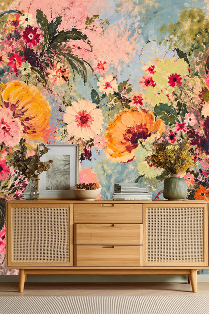 Floral wallpaper in a child's room with playful decor and a small gray octopus-shaped chair.