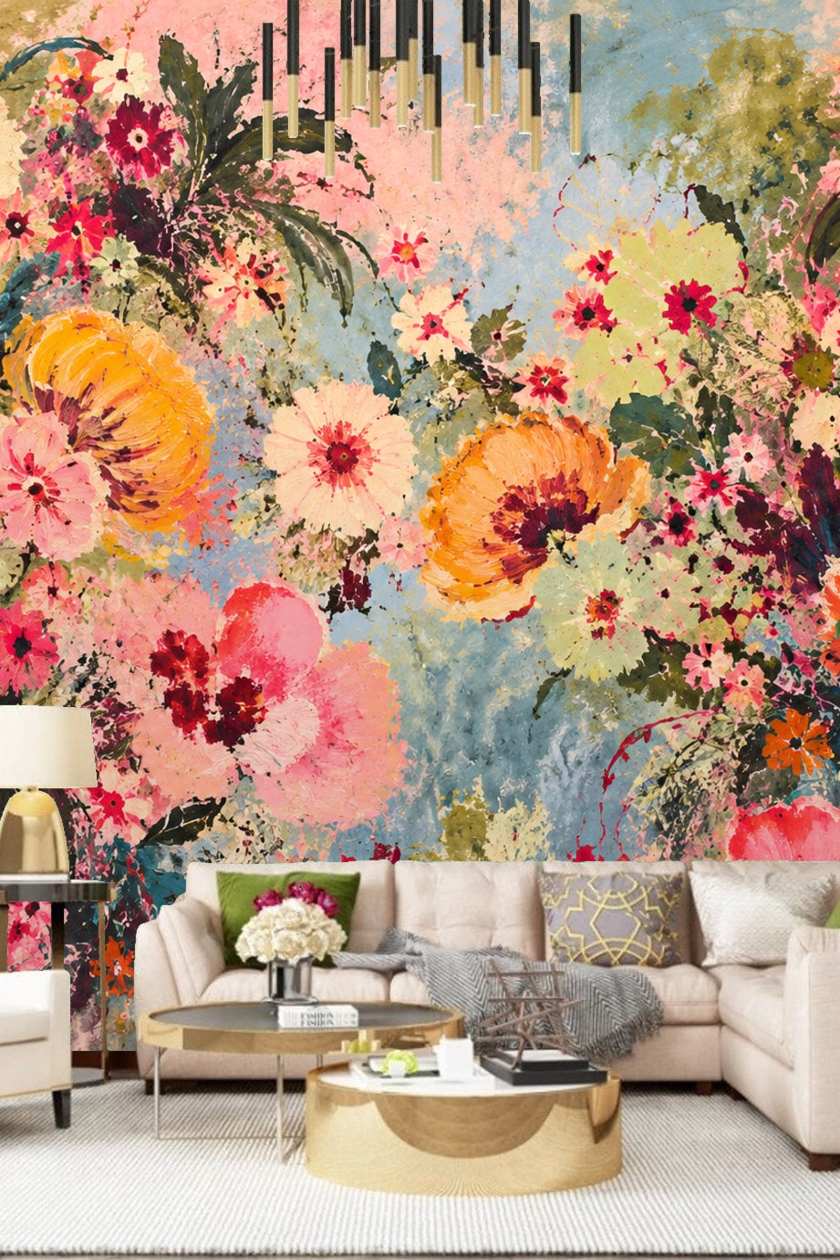 Living room featuring large-scale colorful floral wallpaper behind a cream sofa with gold and gray accents.