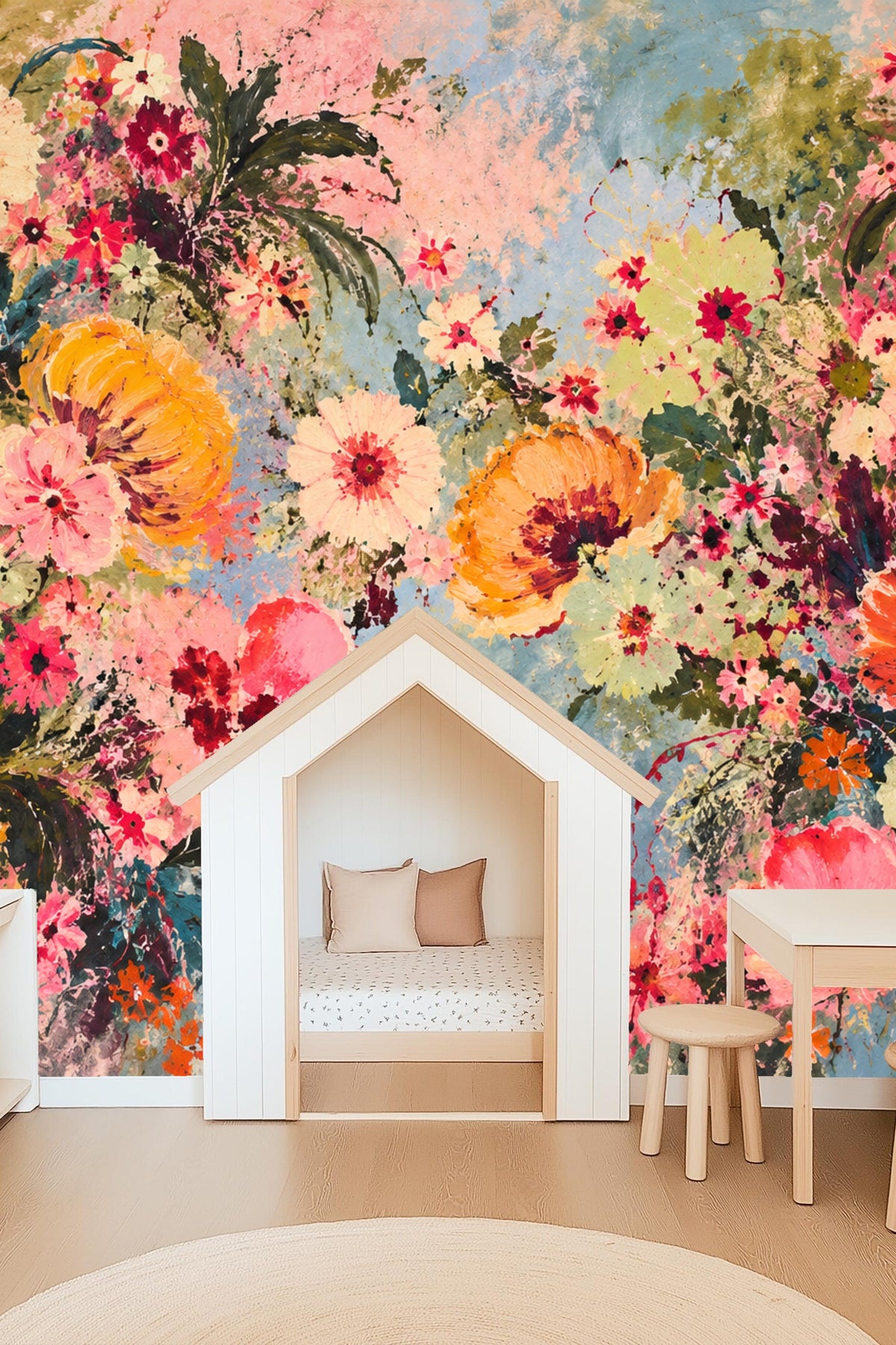 Artistic texture and brush strokes of coral and strawberry pink flowers on wallpaper.