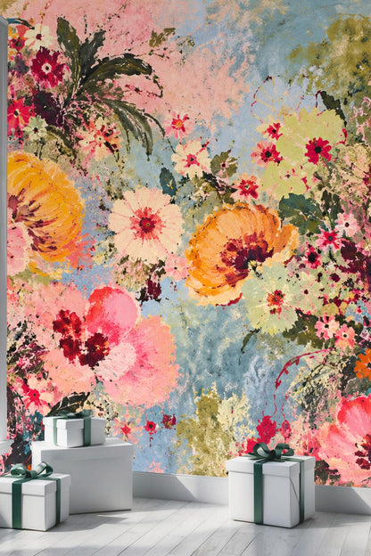 Room shot highlighting whimsical floral wallpaper and stylish contemporary furniture.