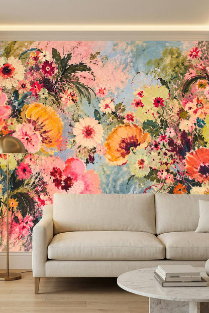Interior detail of flower centers in deep red on impressionist wallpaper.