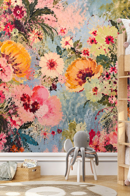 Close-up of vibrant impressionist style floral wallpaper with coral, orange, and pink flowers on blue and green background.