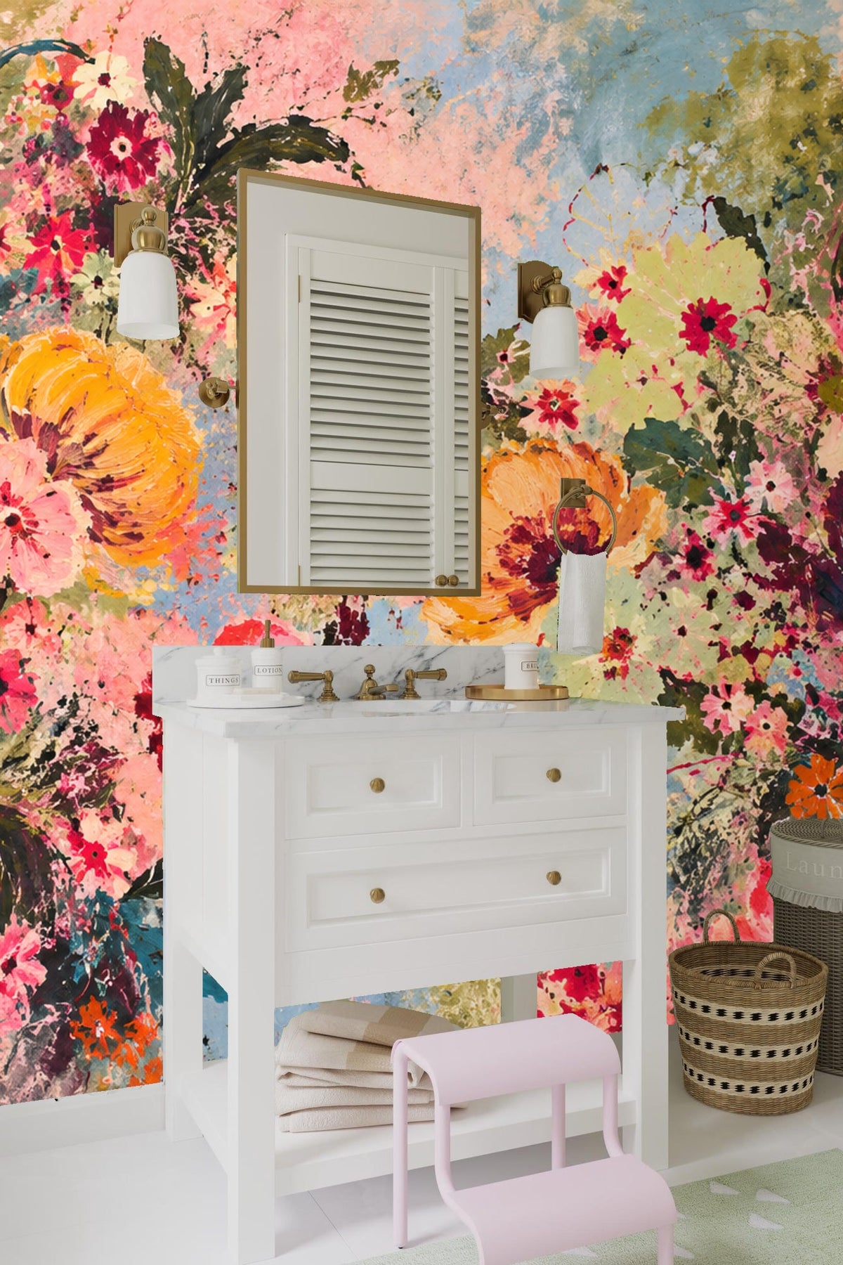 Living room with coral and orange floral wallpaper, cream sofa, and gold coffee table.
