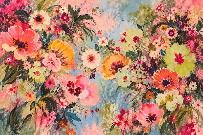 Wide view of living space furnished with vibrant, colorful flower motif wallpaper.