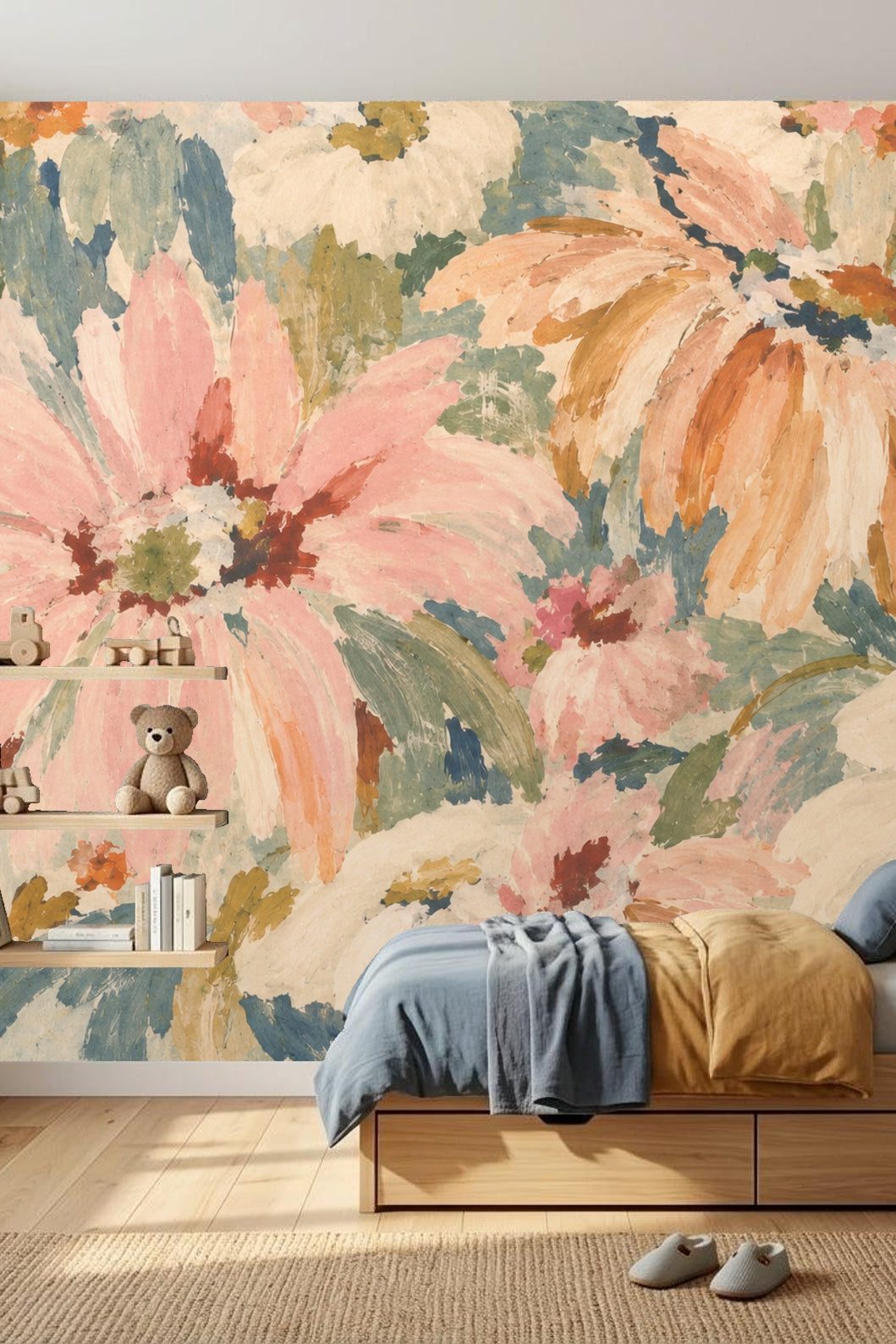 Living room corner featuring the Painterly Coneflower Bloom wallpaper with a tan sofa and potted plants, emphasizing warm and earthy tones.