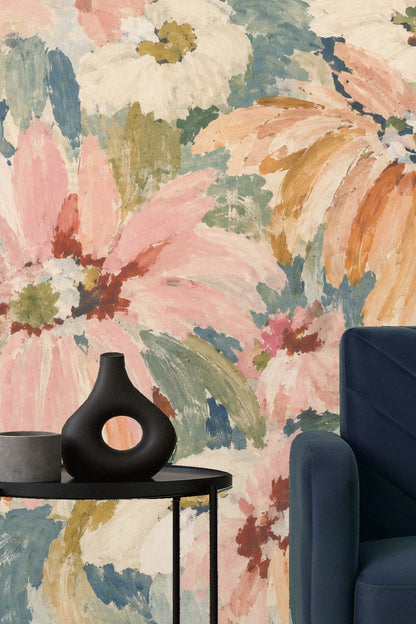 Zoomed view of leaf and petal motifs in faded blue-green and peach tones.