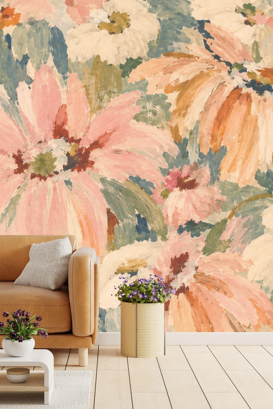 Bedroom decorated with the Painterly Coneflower Bloom wallpaper behind a minimalist wood bed and neutral bedding.