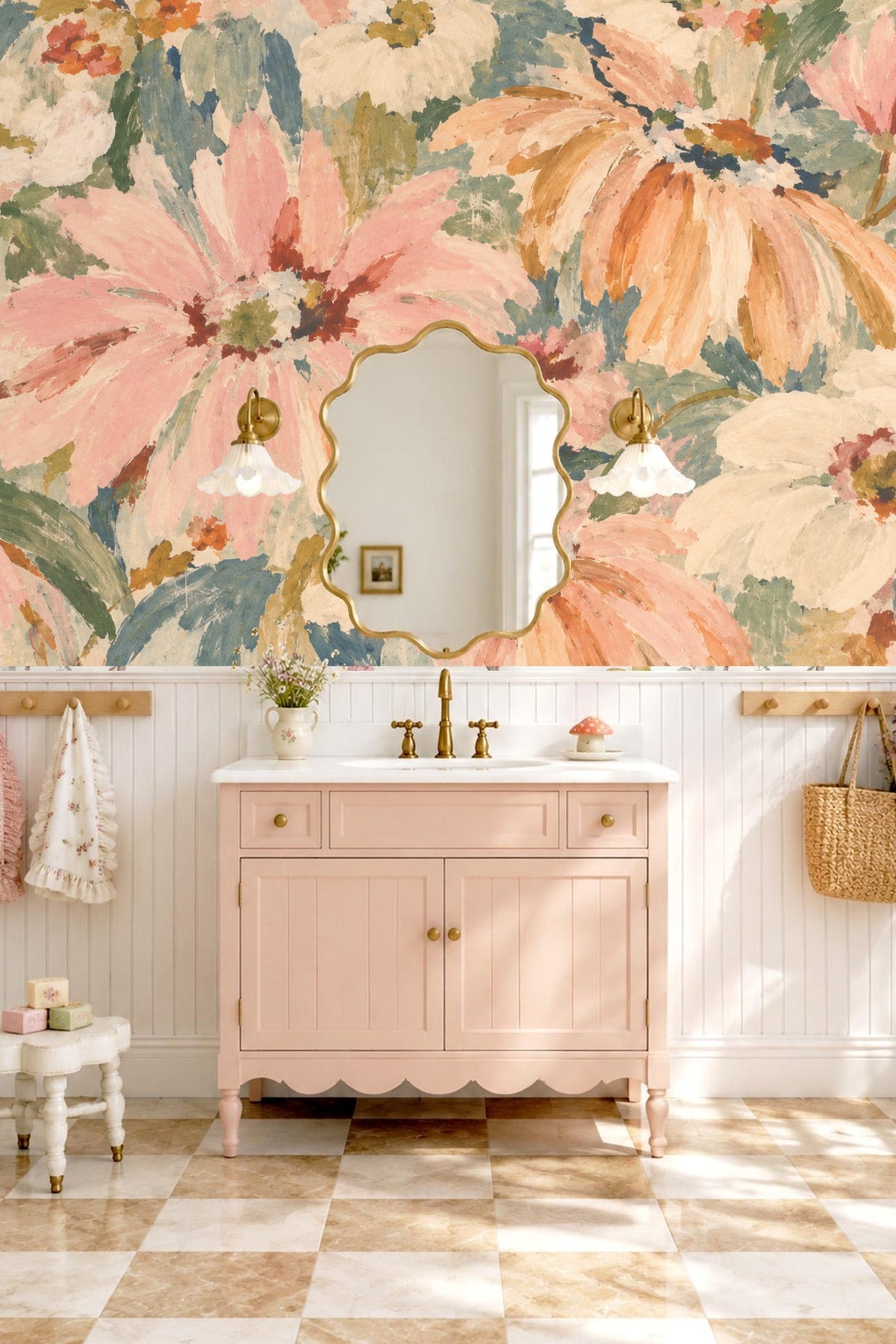 Detailed view of large flower petals painted in soft pink and cream, exhibiting painterly texture.