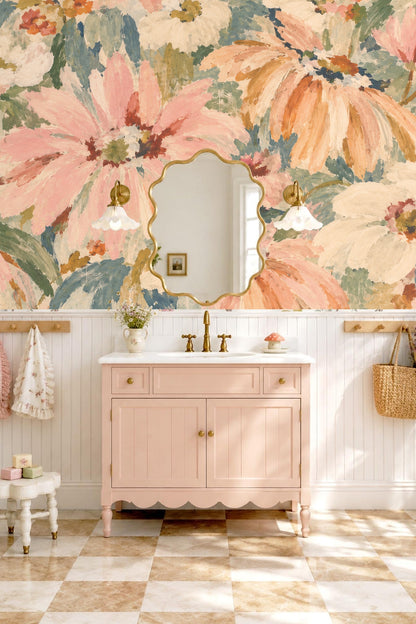 Detailed view of large flower petals painted in soft pink and cream, exhibiting painterly texture.