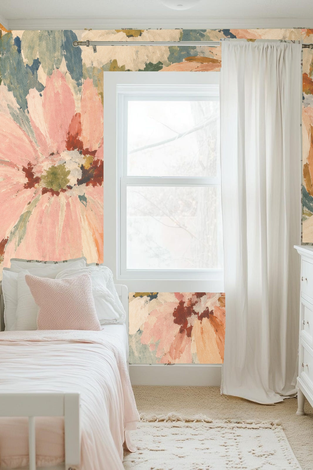 Casual sitting room with wallpaper bringing artistic softness and color depth.