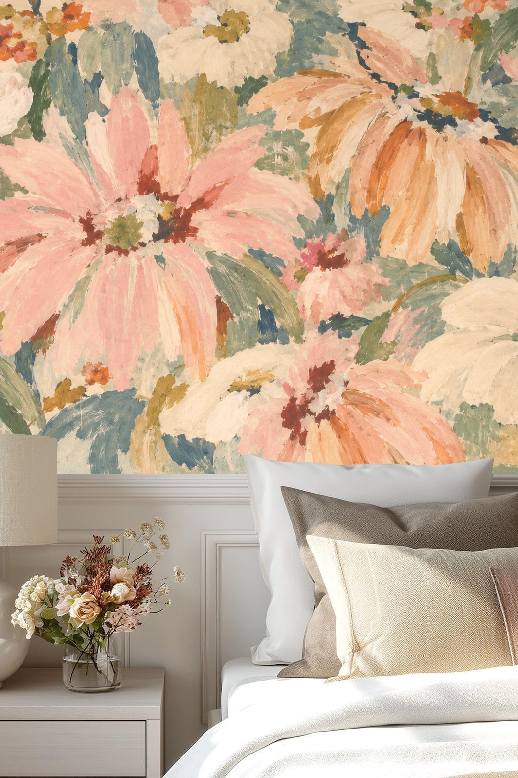 Room scene showcasing wallpaper providing a serene backdrop for wooden furniture and soft textiles.