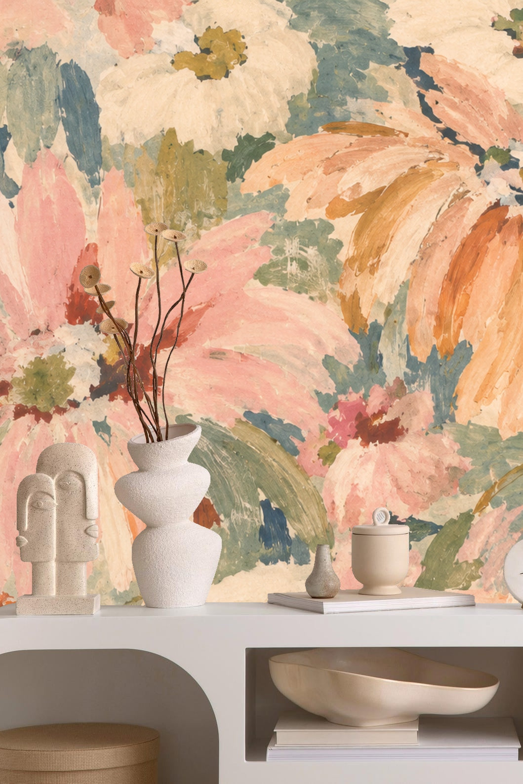 Soft-toned floral wallpaper paired with mid-century modern furniture to highlight natural colors.