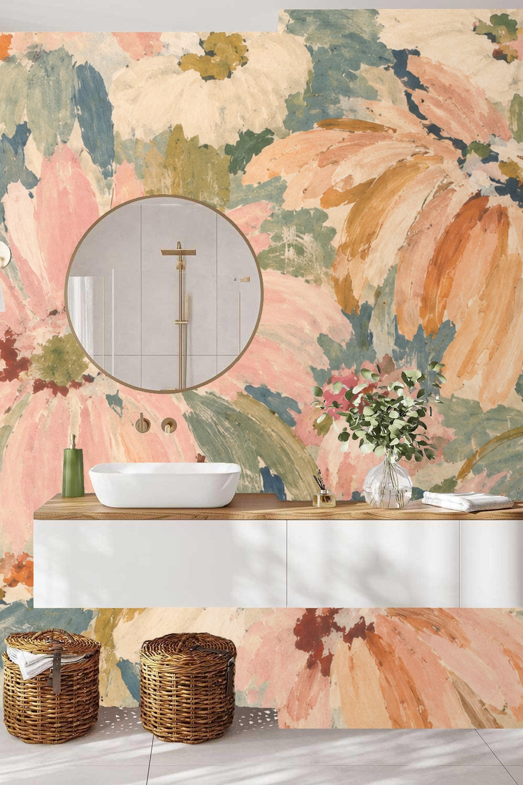 Floral wallpaper close-up exhibiting warm ochre centers and light petal shading.