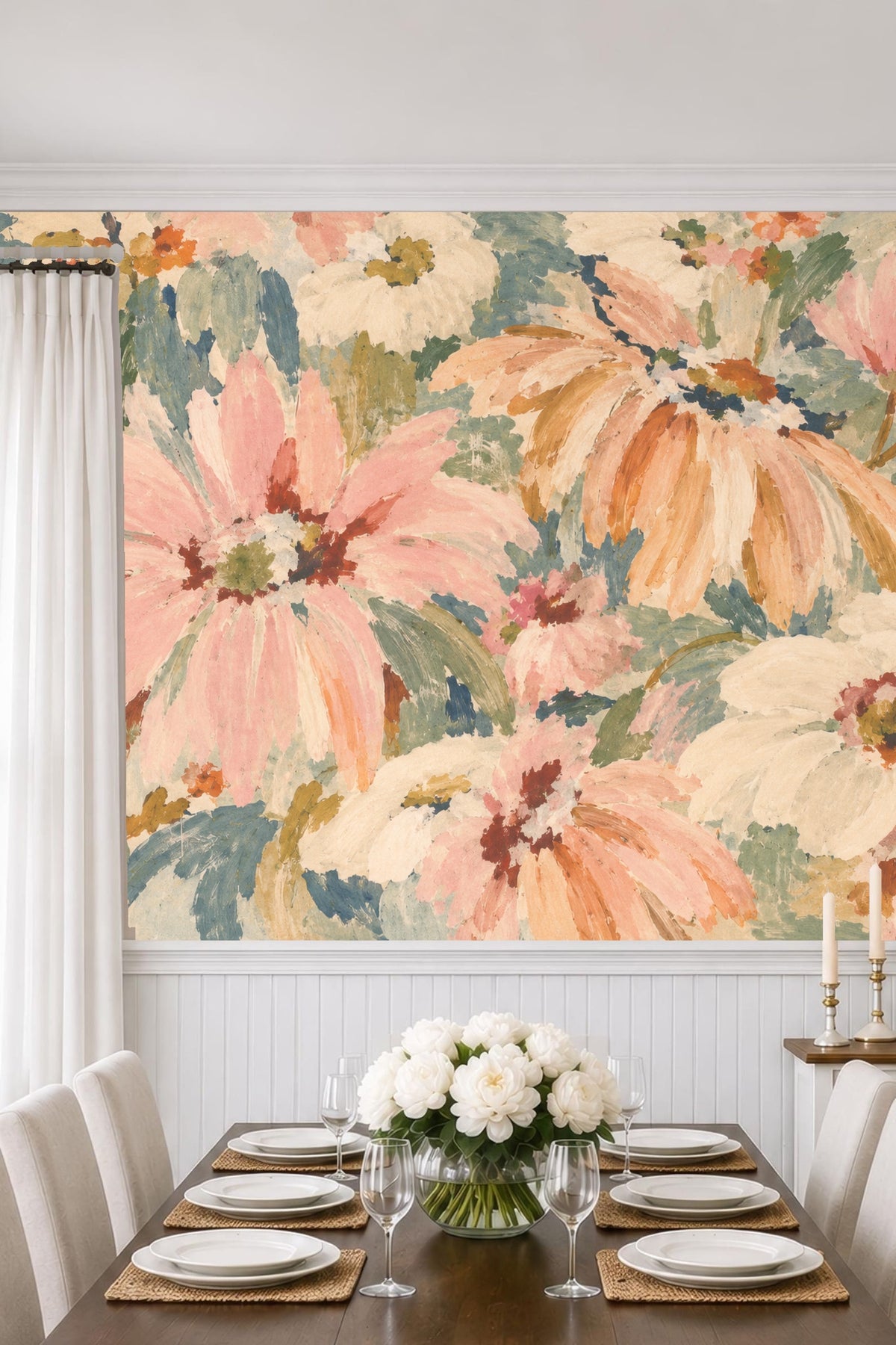 Wall installation of wallpaper showing flowers overlapping in a loose, impressionistic style.