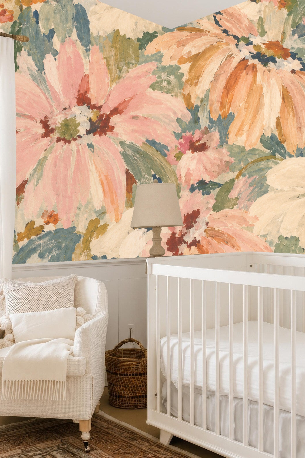 Macro section of wallpaper art with visible brushstrokes and muted color washes.