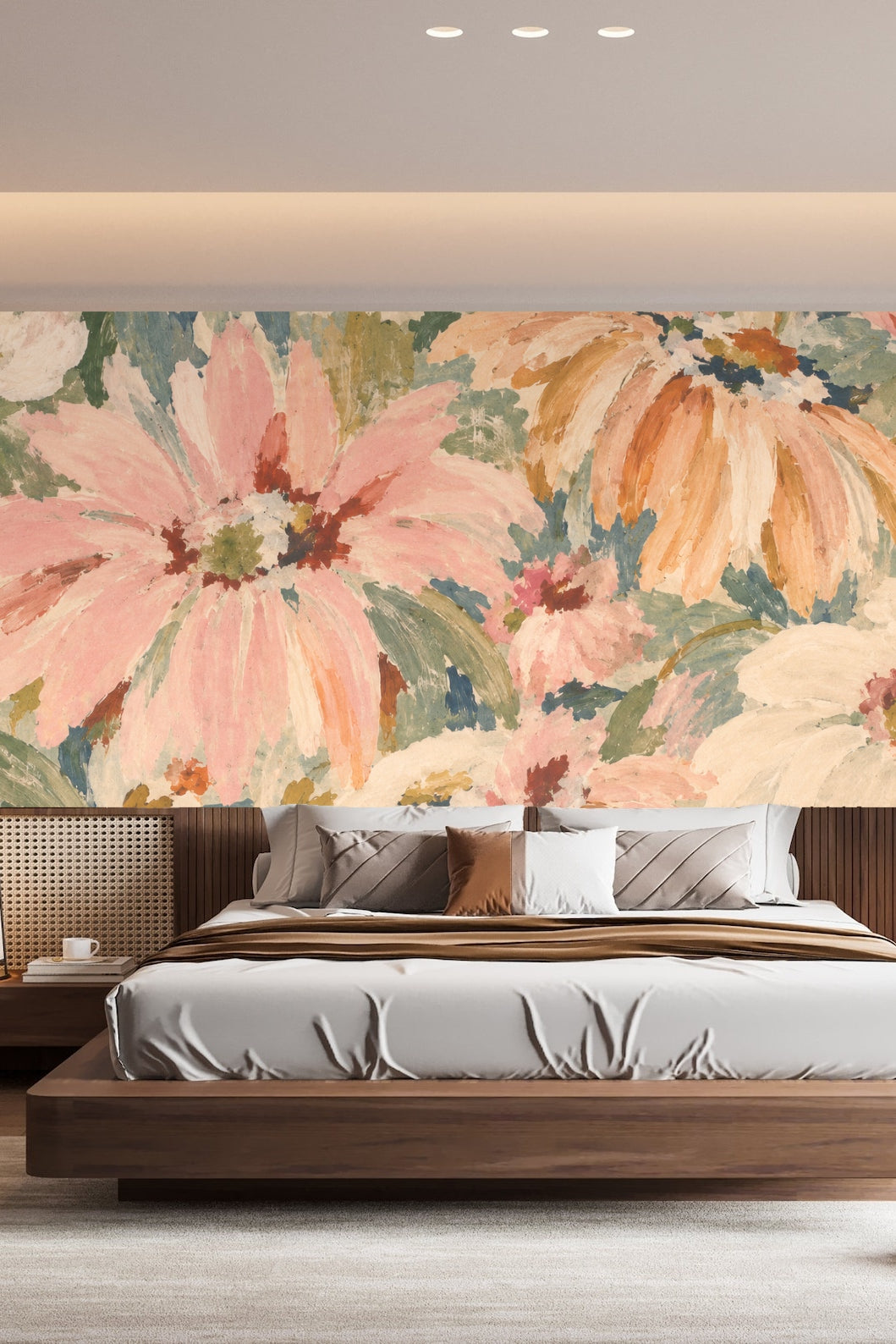 Close-up of floral wallpaper artwork showing brush-stroked coneflowers in peach, cream, and dusty blue hues.