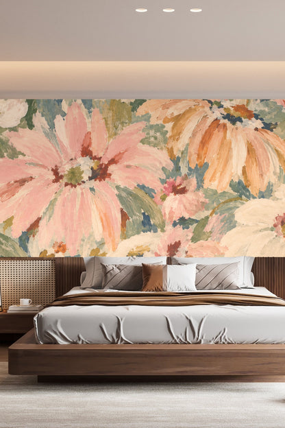 Close-up of floral wallpaper artwork showing brush-stroked coneflowers in peach, cream, and dusty blue hues.