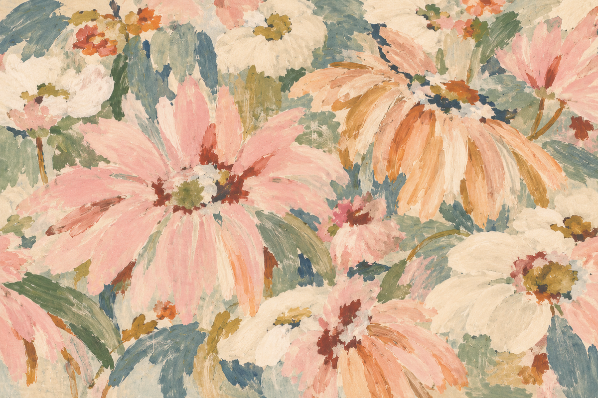 Pattern repeat example with overlapping florals in a painterly, impressionist style.
