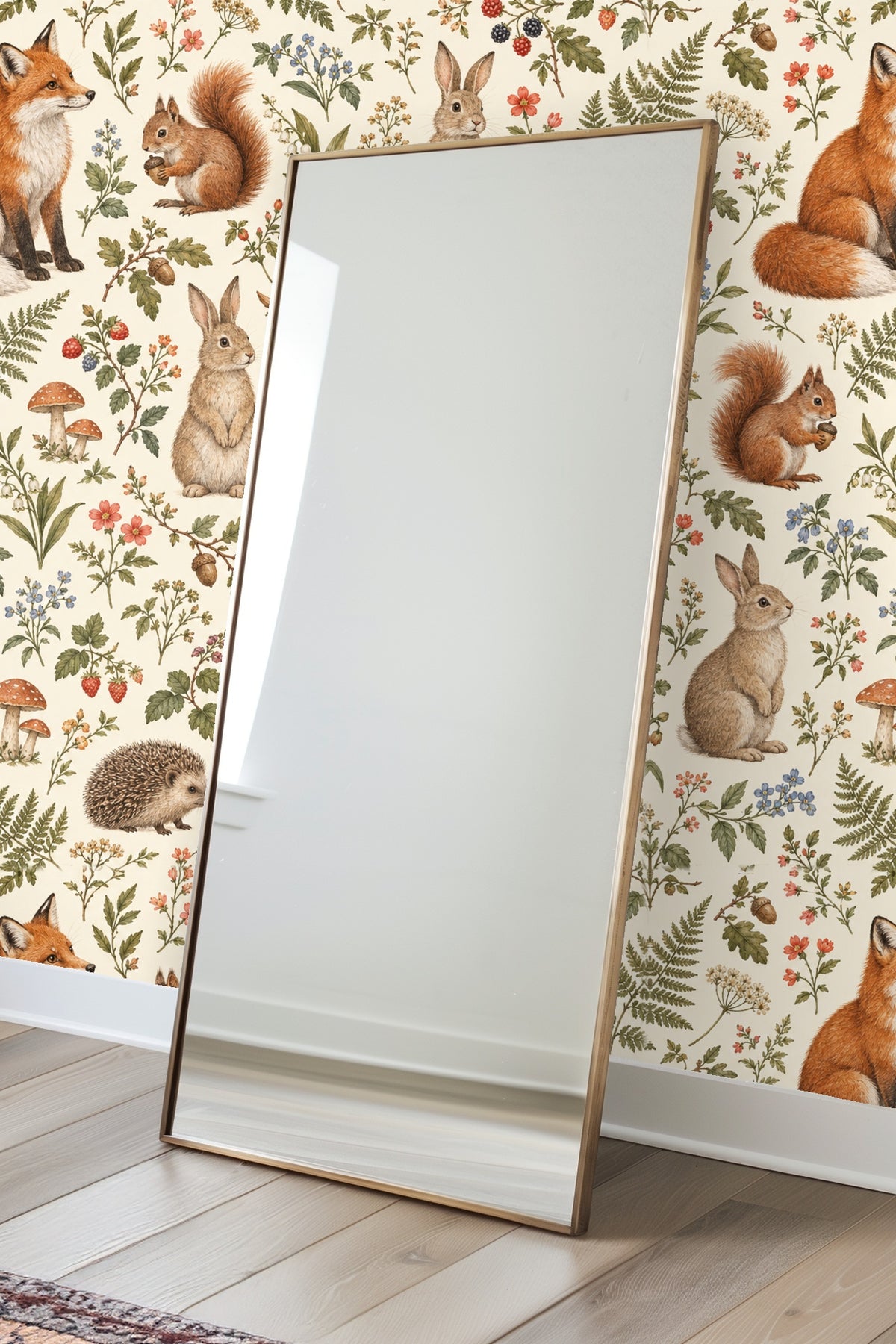 Rabbit sitting upright among delicate wildflowers and acorns on wallpaper.