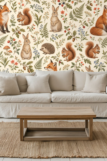 Yellow upholstered headboard with Woodland Reverie Wallpaper featuring foxes and squirrels scattered among wildflowers.