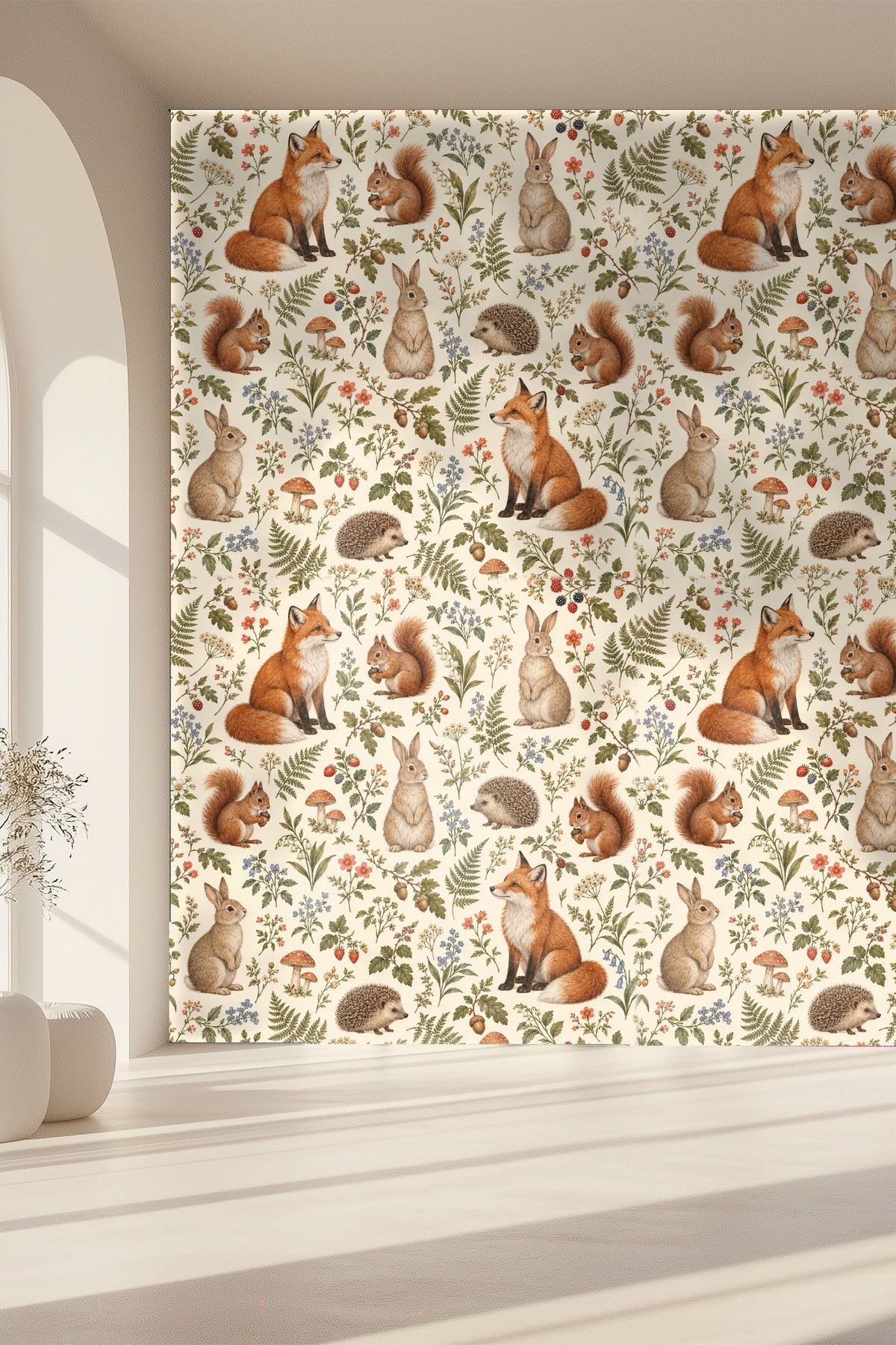 Fox with rich orange tones sitting gracefully in repeating pattern.