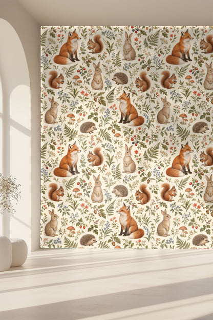 Fox with rich orange tones sitting gracefully in repeating pattern.