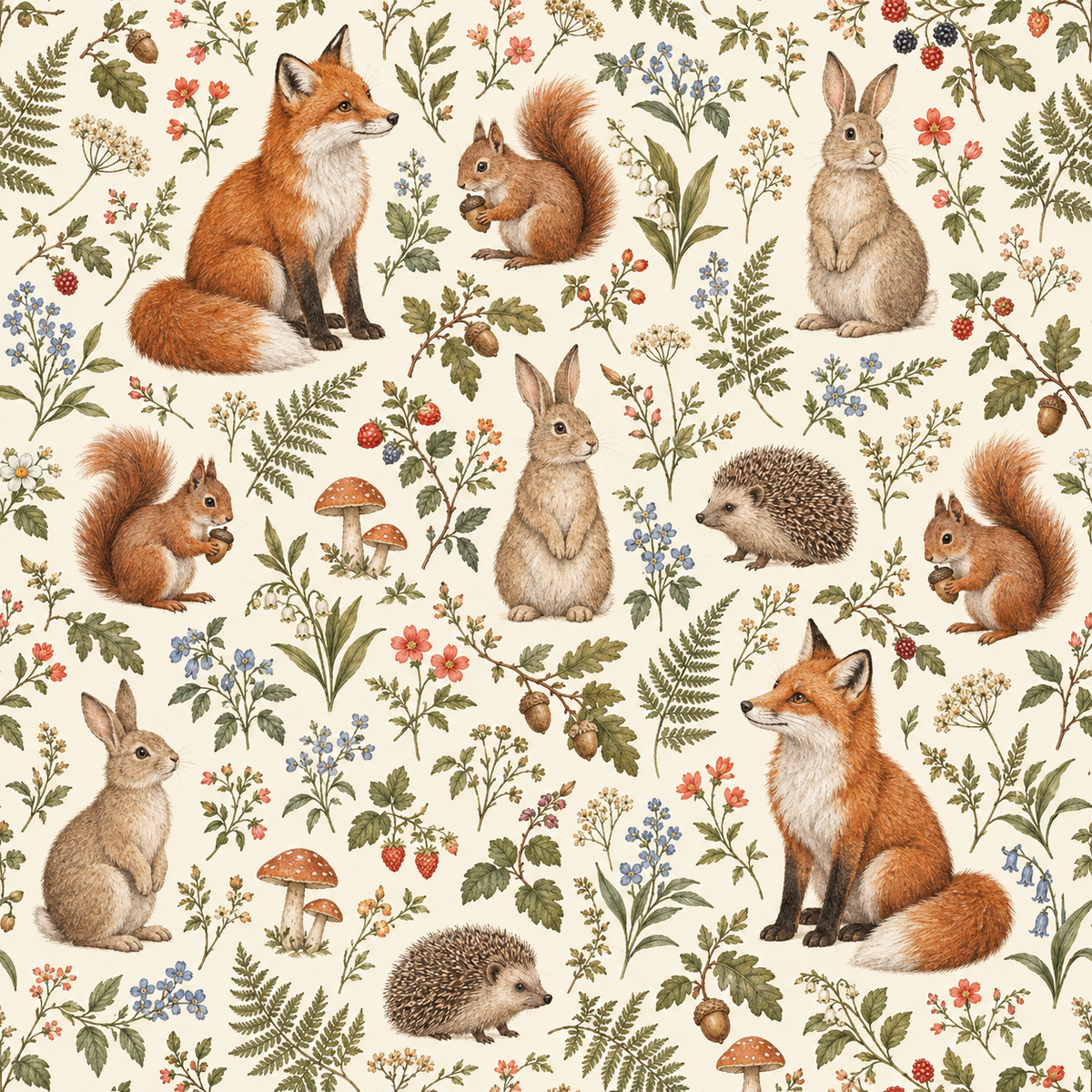 Overall pattern showing a harmonious mix of small woodland creatures and wild plants in a naturalistic style. 