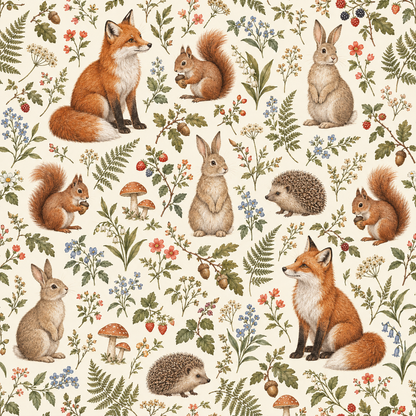 Overall pattern showing a harmonious mix of small woodland creatures and wild plants in a naturalistic style. 