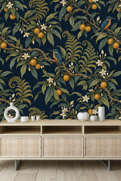Pattern repeat showing swirling fern fronds and orange fruits on botanical wallpaper