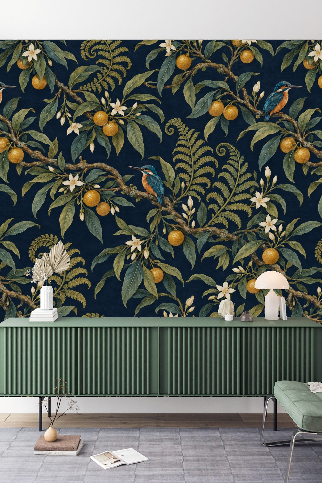 Kingfisher Citrus Branch original wallpaper artwork detail with navy background and orange fruits