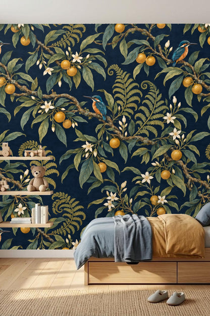 Palm leaf fan-shaped vase on console shelf against patterned wall