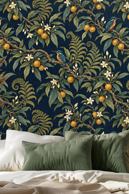 Styled living room with Kingfisher Citrus Branch wallpaper behind sage green ribbed console and modern decor