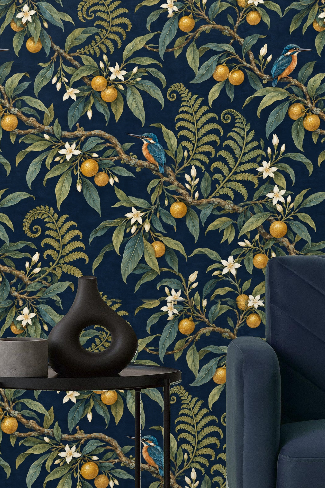 Bedroom scene with Kingfisher Citrus Branch wallpaper and olive-green velvet pillows