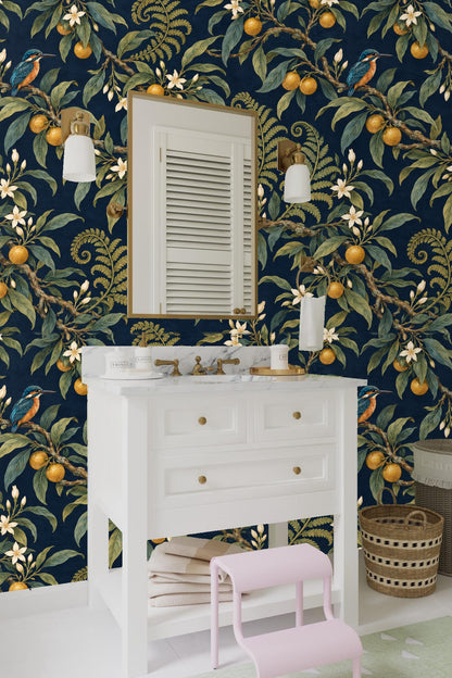 Orange citrus fruits and green foliage detail in wallpaper design with perched blue kingfisher bird