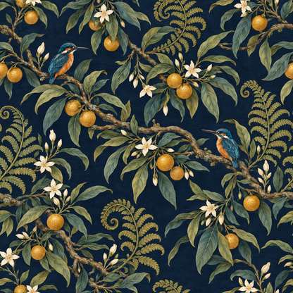 Wallpaper installation close-up at architectural corner with visible leaf and fruit pattern continuity
