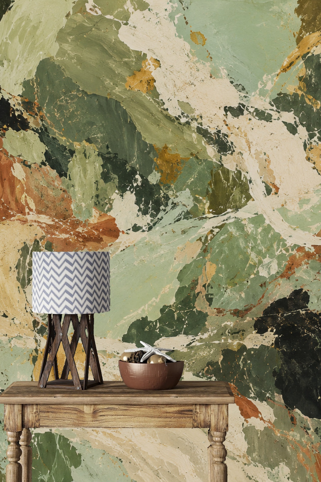 Artistic wallpaper detail showing olive and sage green patches