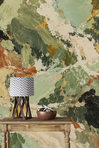 Artistic wallpaper detail showing olive and sage green patches