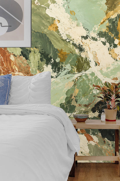 View of wallpaper’s painterly texture with layered colors