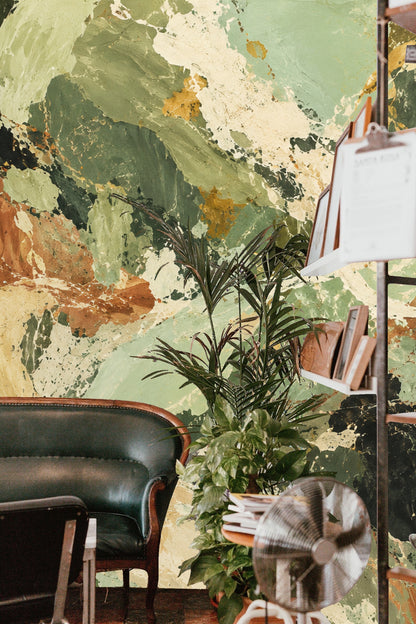 Interior setting showing wallpaper behind simple furniture