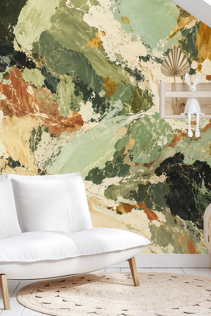 Detail of textured green and clay illustration on the wallpaper