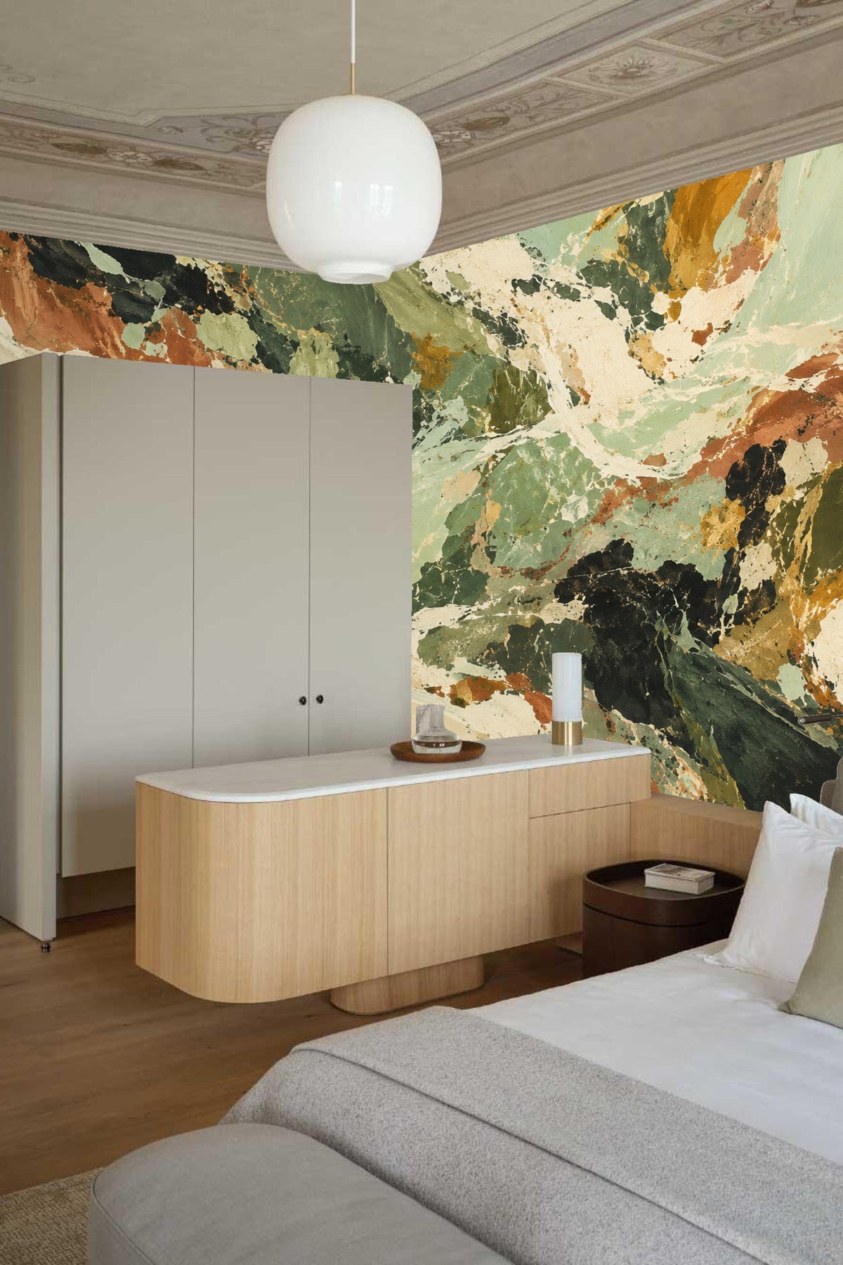 Wall with layered abstract brush strokes in earthy colors