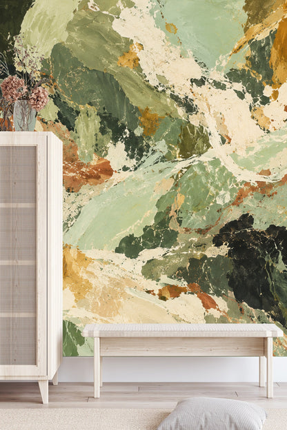 Close-up of abstract wallpaper showing bold strokes of green, clay, and beige tones