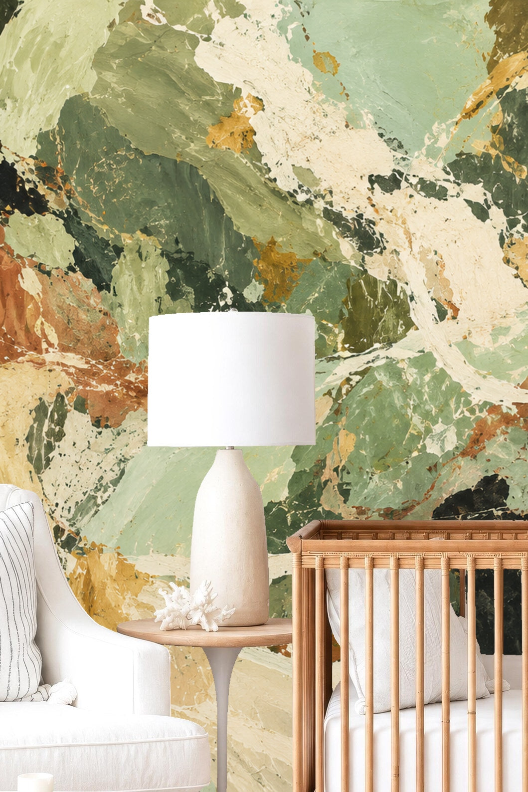 Muted green, beige, and brown tones blending in wallpaper design