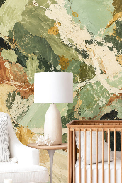 Muted green, beige, and brown tones blending in wallpaper design