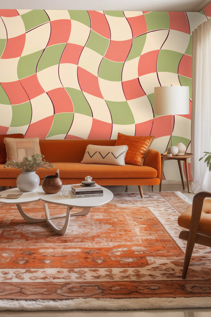 Abstract wallpaper with curved checkerboard blocks in coral, sage green, and cream.