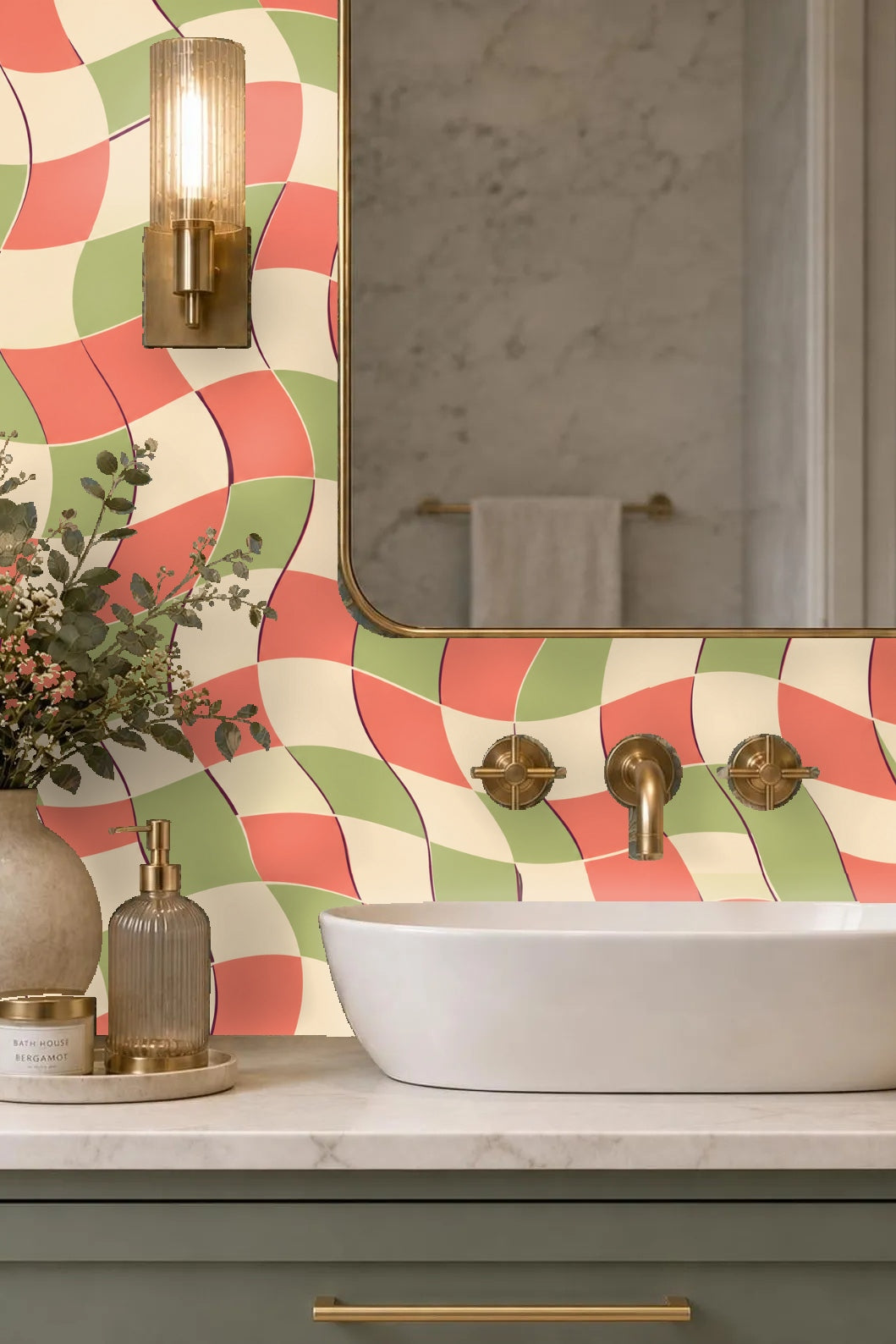 Soft coral and sage wavy grid on wallpaper with subtle black outlines.